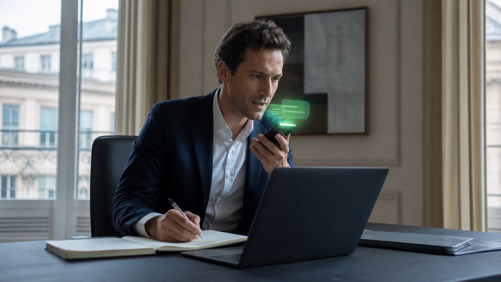 Commercial préparant un compte rendu de rendez-vous avec smartphone et ordinateur.