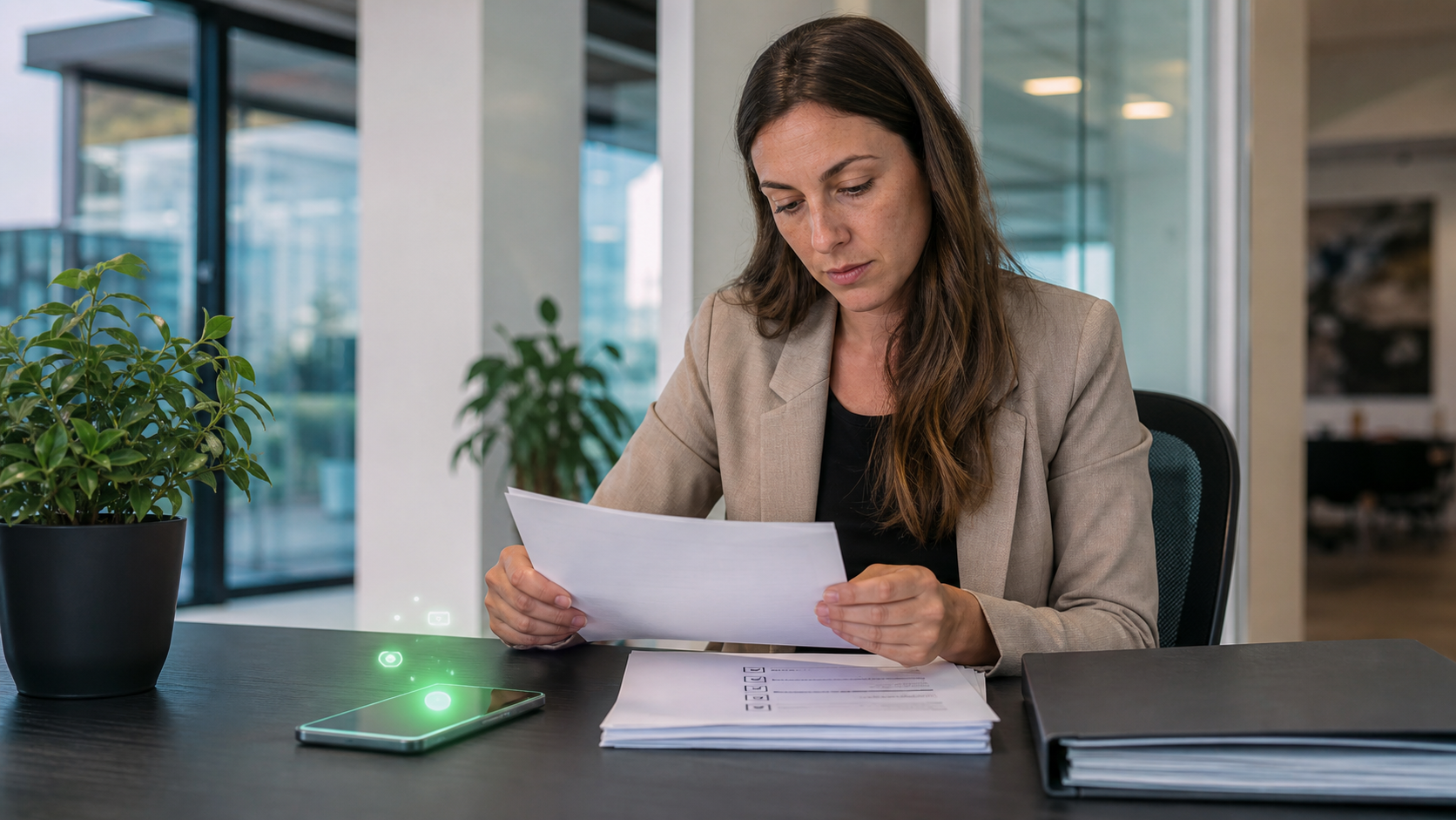 Coordinatrice vérifiant les documents manquants d’un parcours documents manquants client avec un smartphone.