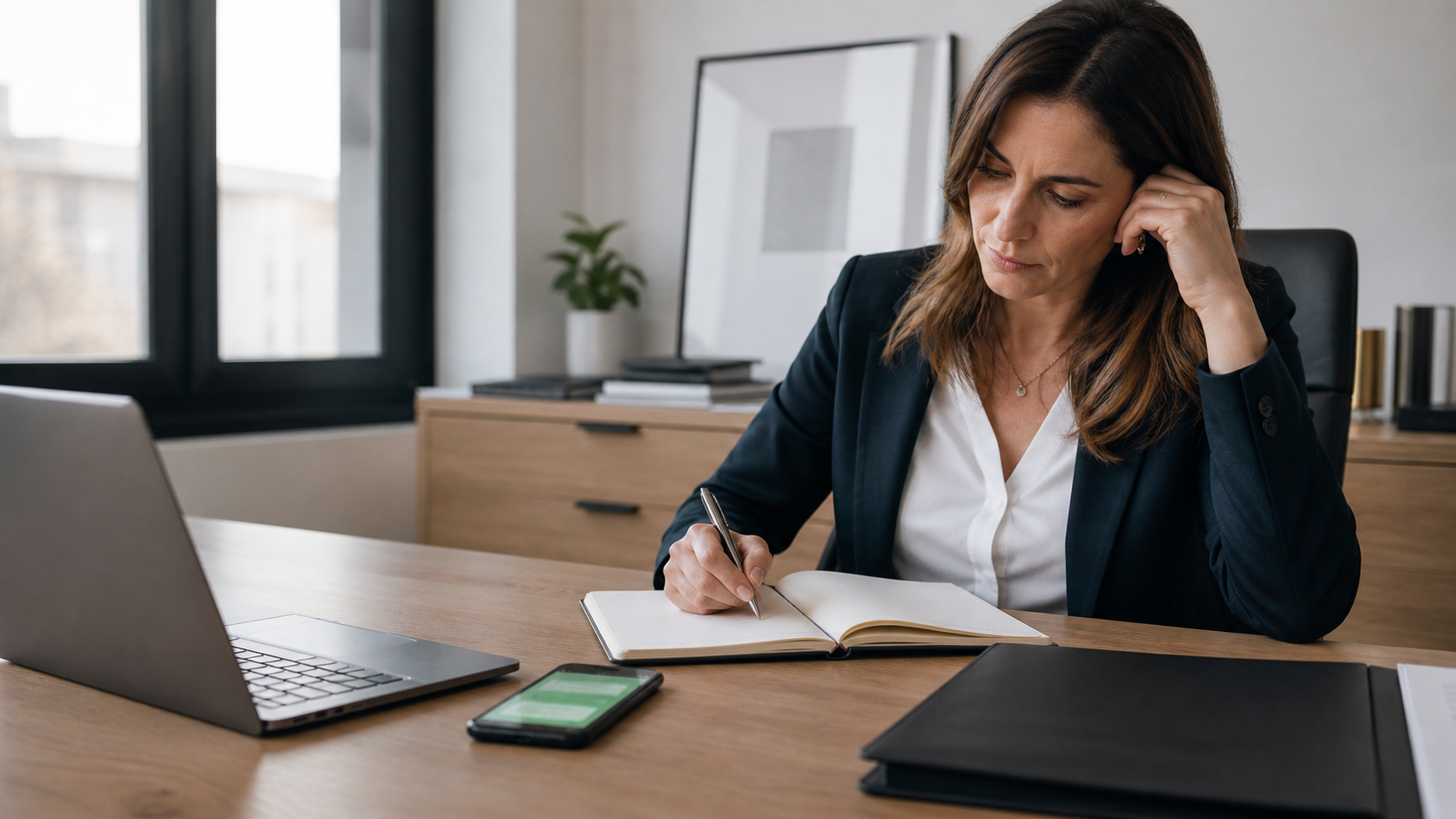 Responsable de compte préparant un renouvellement client avec smartphone et dossier B2B.