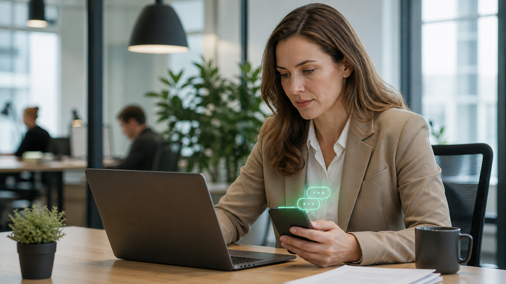 Responsable expérience client analysant des retours de satisfaction avec un smartphone.