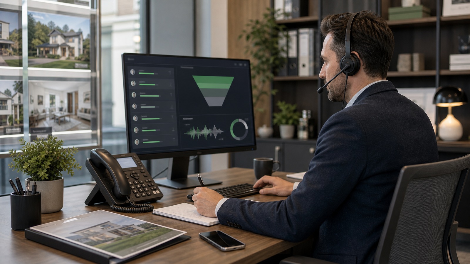 Photo réaliste dédiée à agent vocal ia immobilier dans un contexte professionnel avec téléphone, casque audio, ordinateur et supervision humaine.