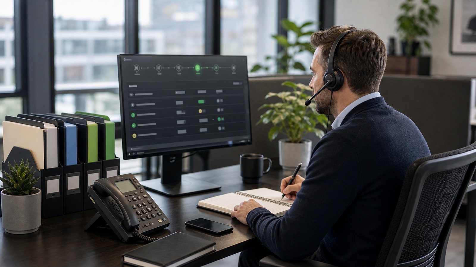 Photo réaliste dédiée à agent vocal ia : relance client dans un contexte professionnel avec téléphone, casque audio, ordinateur et supervision humaine.