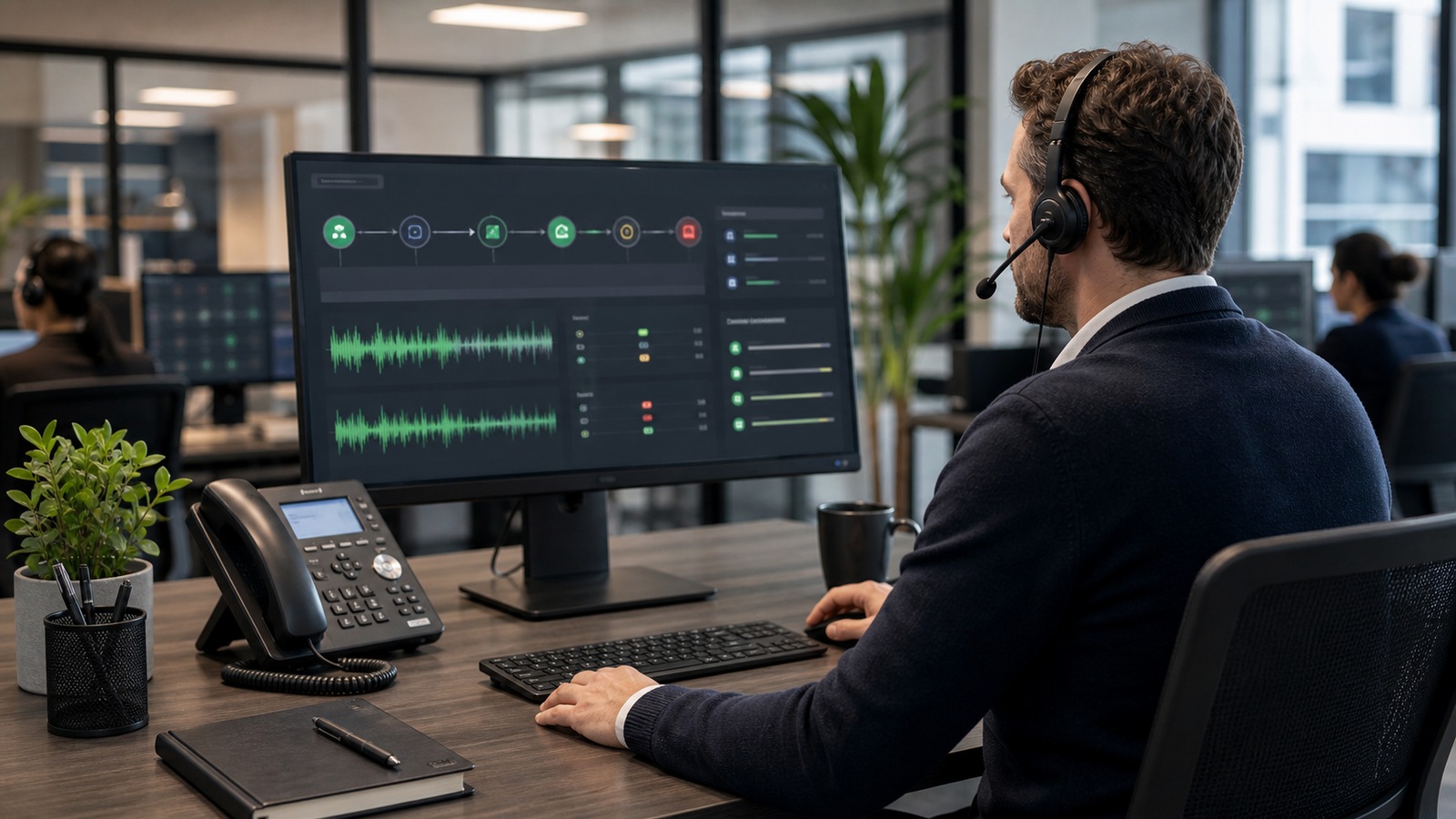 Photo réaliste dédiée à agent vocal ia : transcription dans un contexte professionnel avec téléphone, casque audio, ordinateur et supervision humaine.