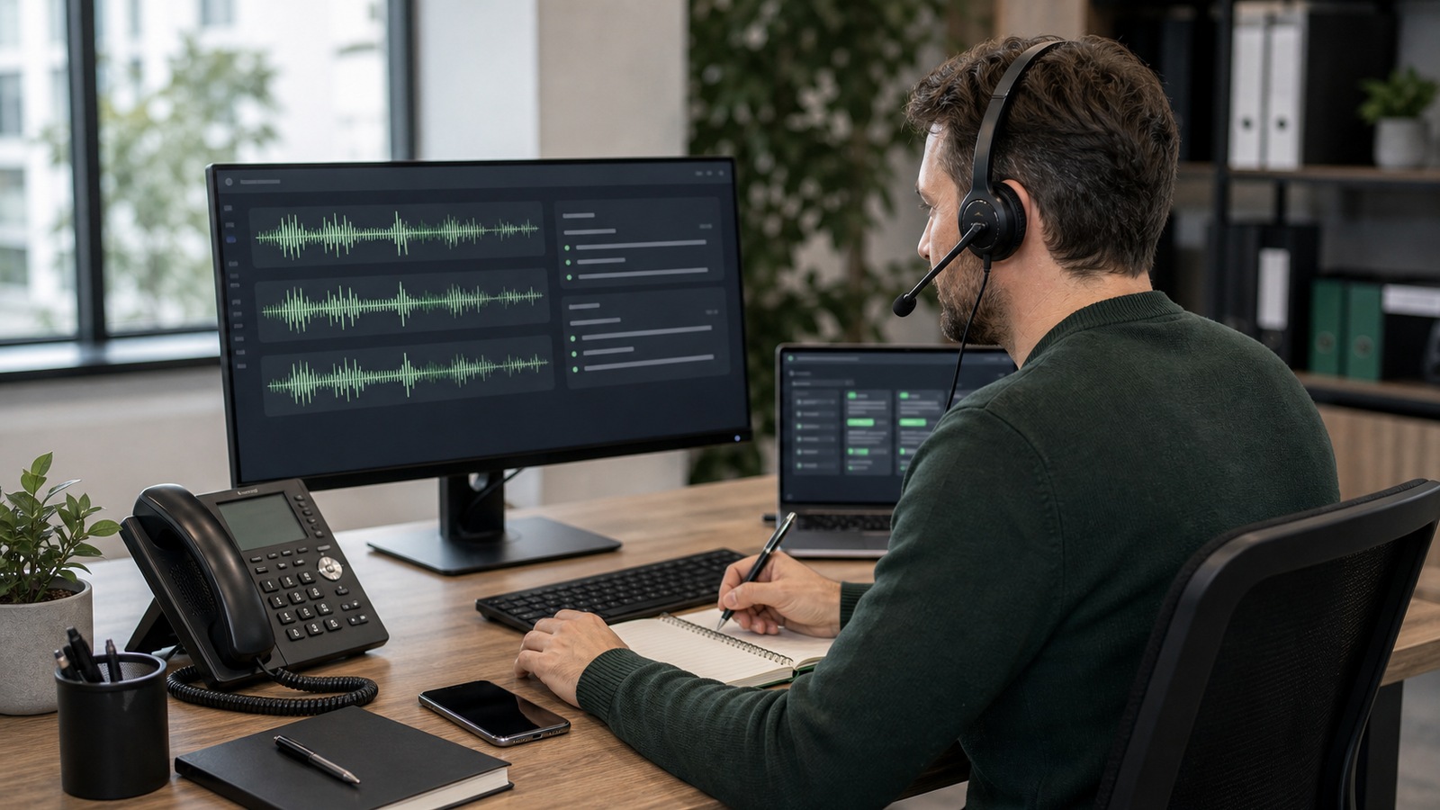 Photo réaliste dédiée à voicebot, ivr et agent vocal ia dans un contexte professionnel avec téléphone, casque audio, ordinateur et supervision humaine.