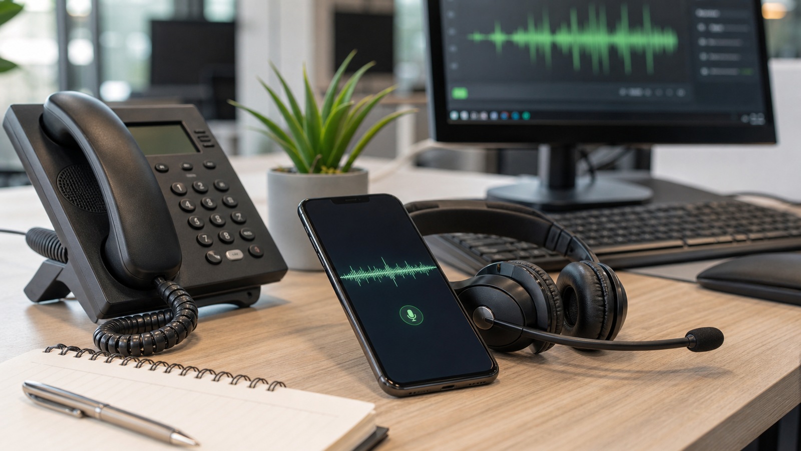 Photo réaliste dédiée à agent vocal ia et vocaux whatsapp dans un contexte professionnel avec téléphone, casque audio, ordinateur et supervision humaine.