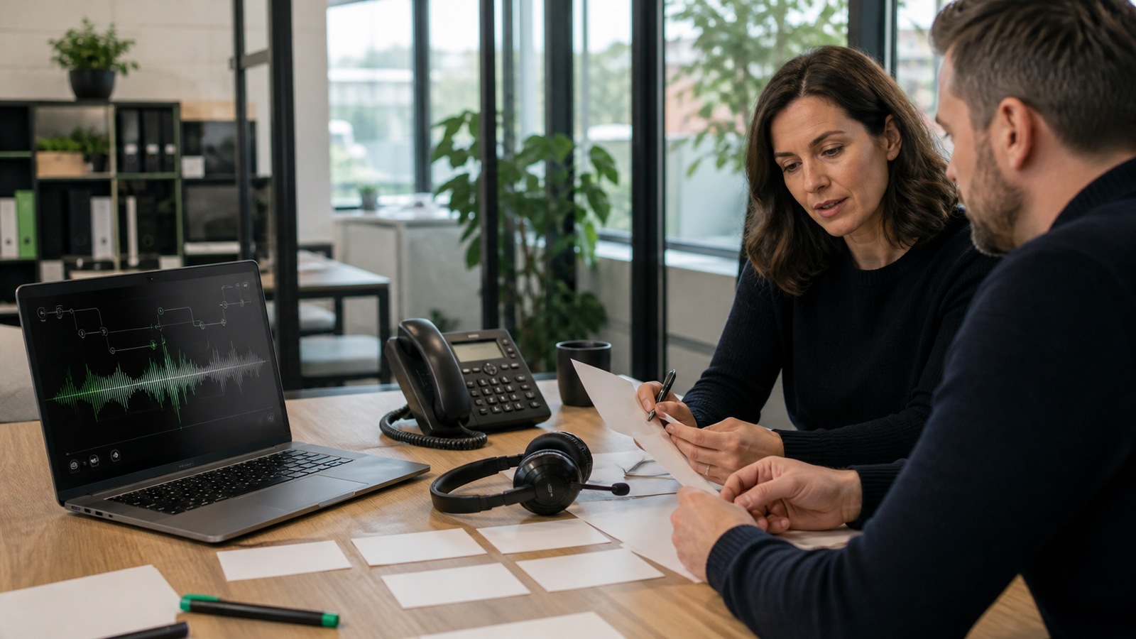 Photo réaliste dédiée à voice agent ia : définition et usages dans un contexte professionnel avec téléphone, casque audio, ordinateur et supervision humaine.