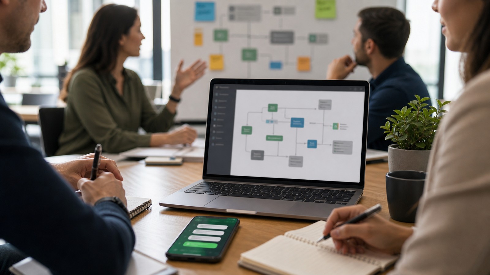 Photo réaliste dédiée à WhatsApp ai agent : architecture crm dans un contexte professionnel avec smartphone, ordinateur et équipe opérationnelle.